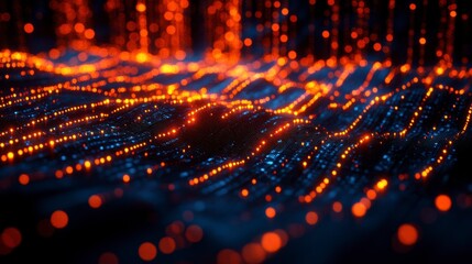 Fototapeta premium Abstract image featuring dynamic waves of luminous orange and blue dots against a dark background, creating a futuristic, digital feel. The bokeh effect enhances the depth and ethereal quality.