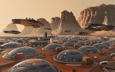 sci-fi city on Mars, Martian city with futuristic ships