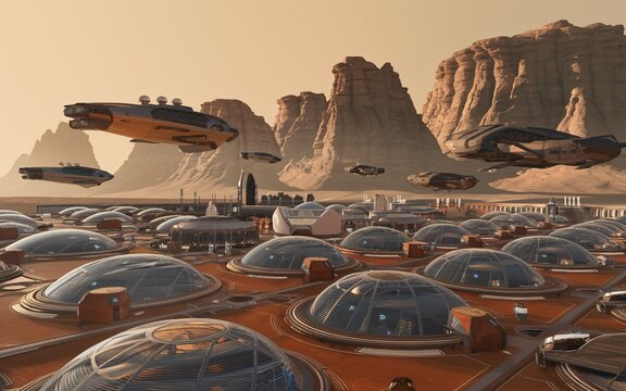 sci-fi city on Mars, Martian city with futuristic ships - Powered by Adobe