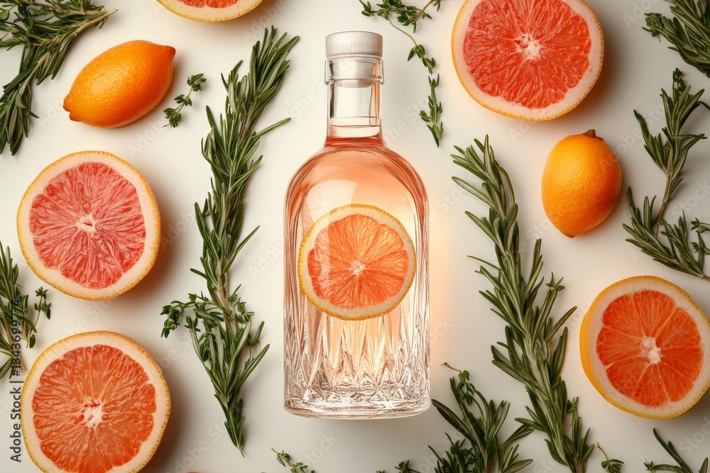 Poster refreshing citrus cocktail setup with rosemary, grapefruit, and lemon on a light background