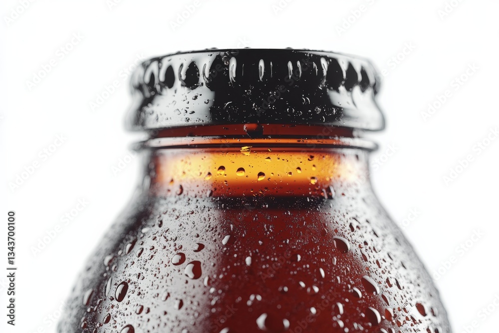 Poster close-up of a glass bottle with droplets on the surface reflecting light in a bright environment