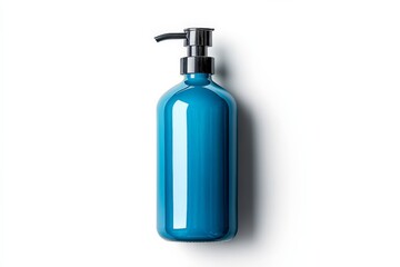 Fototapeta premium Bright blue pump bottle for liquid soap or lotion on a clean white background displaying modern minimalist design