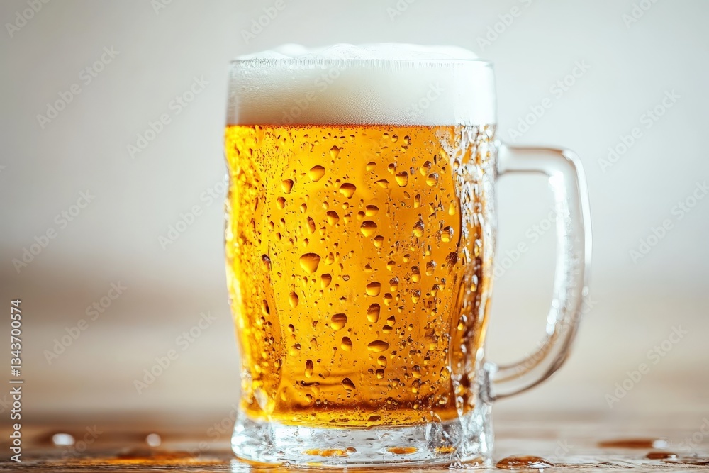 Poster refreshing cold beer in a frosty mug with beads of condensation on a wooden table
