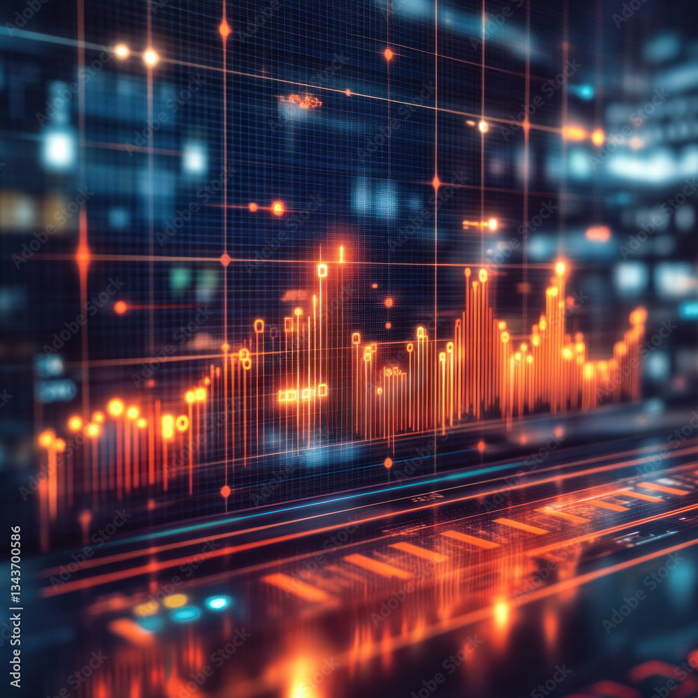 Poster a graph with orange lines and dots that are lit up. the graph is showing a rise in numbers