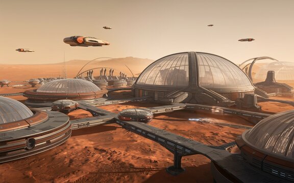 sci-fi city on Mars, Martian Colony Domes & Spacecraft