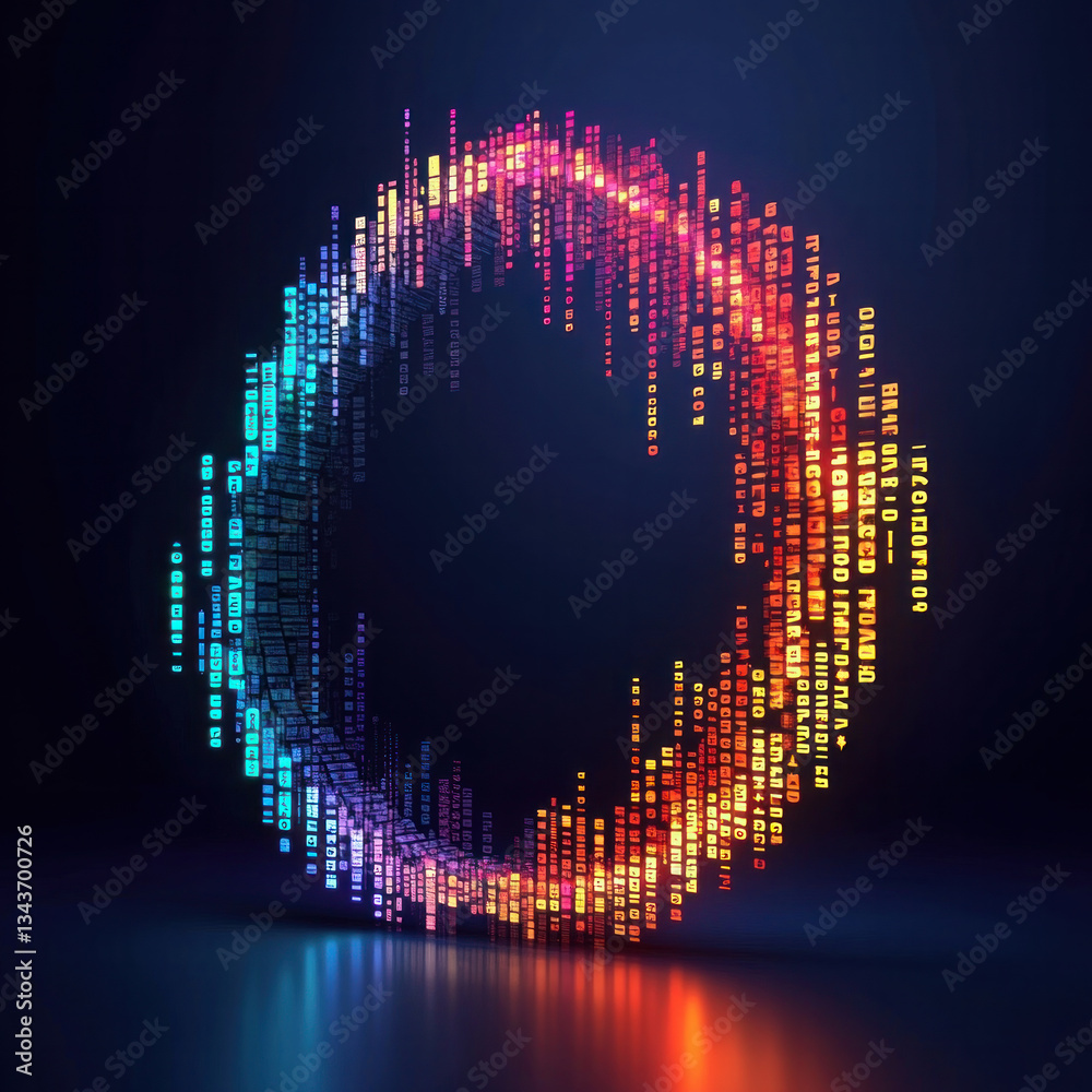 Poster a colorful, glowing circle of code with a black background. the circle is made up of many different 