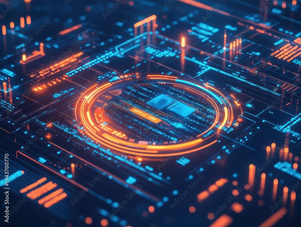 Poster intricate circuit design featuring central circuit element surrounded by detailed pathways and conne