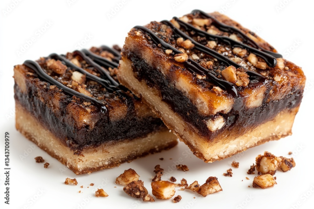 Poster delicious dessert squares featuring chocolate drizzle and nut topping on a white background