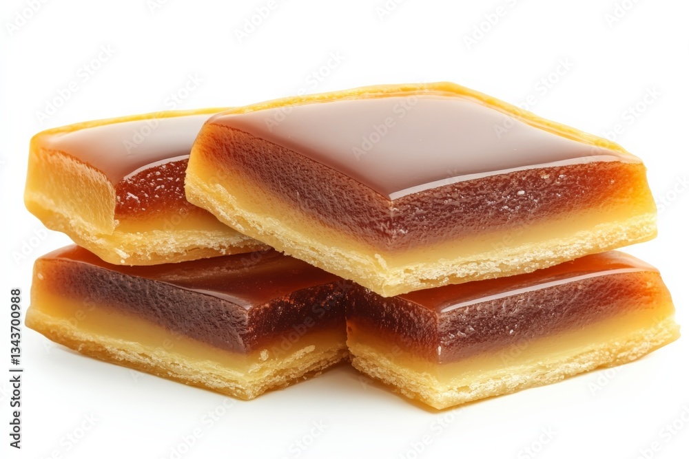 Poster delicious layers of dessert showcasing smooth caramel and creamy textures on a white background