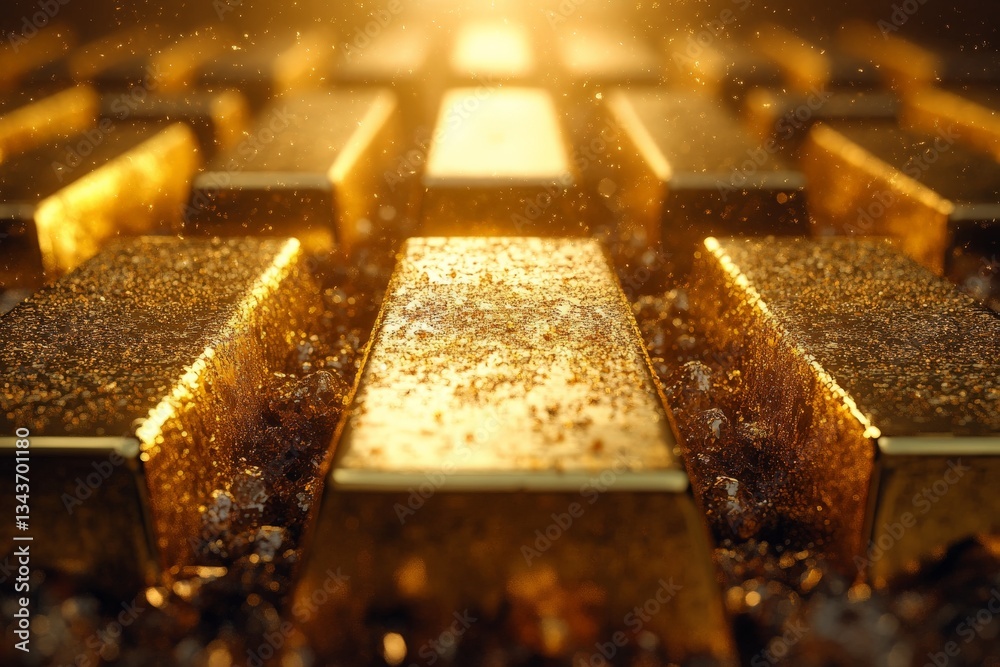 Aufkleber Gold bars stacked in mesmerizing array with soft light reflecting from the surface