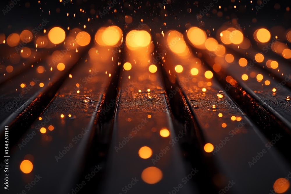 Aufkleber Glowing droplets and sparks create a captivating ambiance on a wooden surface during a nighttime rain