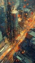 High angle view of a futuristic cityscape at night, illuminated with warm and orange lights. The scene features a large industrial structure, intricate details, and a network of roads and buildings.