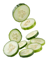 Floating cucumber slices isolated on transparent background