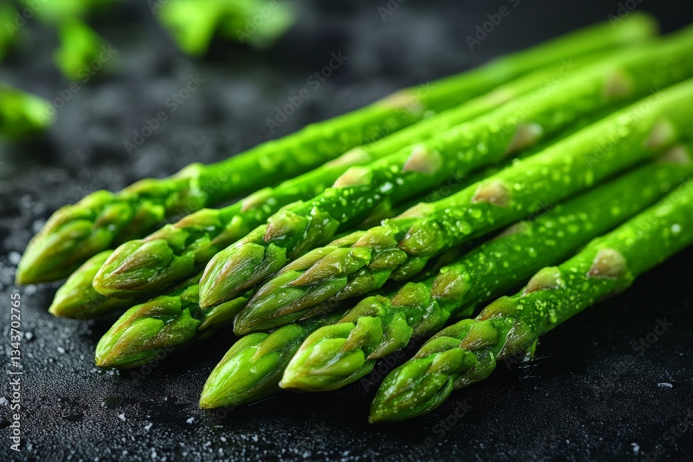 Poster fresh green asparagus arranged neatly on a dark surface with droplets of water during a bright kitch