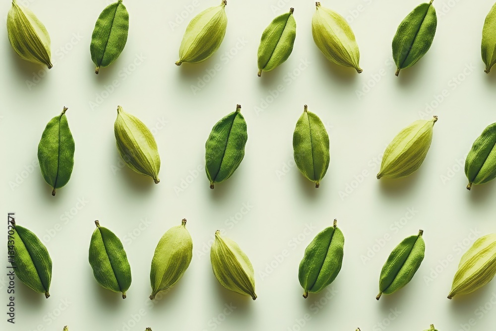 Poster arrangement of green and light green cardamom pods on a light background showing their unique textur
