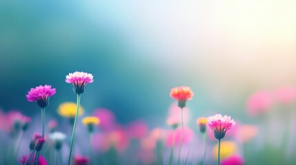 Vibrant Field of Colorful Wildflowers Under a Clear Blue Sky with Gentle Breeze Creating a Peaceful and Serene Natural Landscape in Springtime
