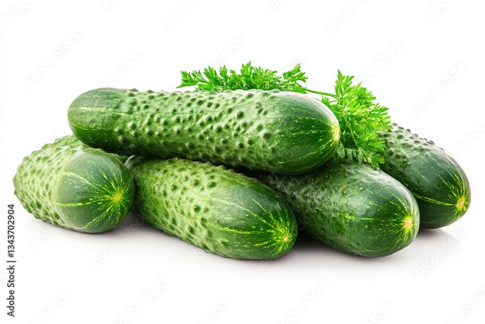 Poster Fresh cucumbers stacked on a white background with parsley for garnish