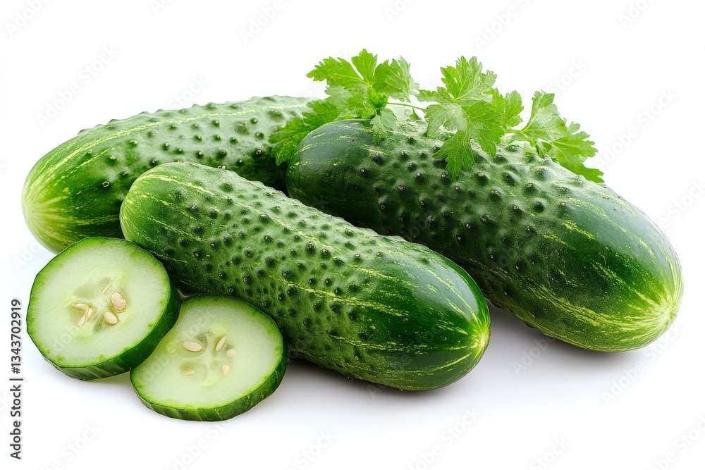 Poster fresh cucumbers with cilantro on a white background ready for cooking or salad preparation