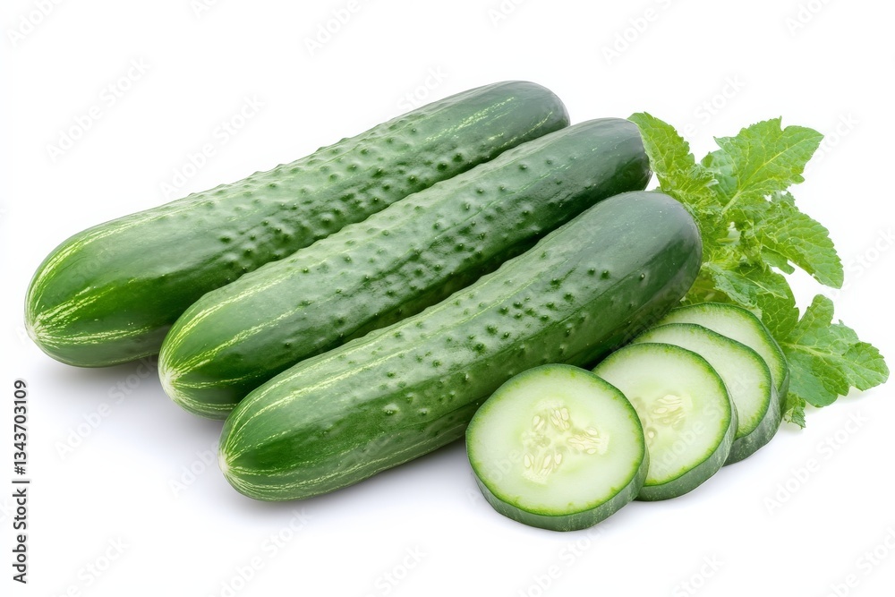 Poster fresh cucumbers and mint leaves arranged with sliced pieces for a healthy snack or salad preparation