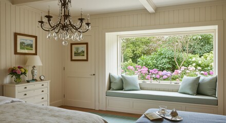 Naklejka premium Cozy Bedroom Interior Featuring Garden View Window Seat and Chandelier