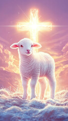 A lamb stands in front of a cross with a bright light shining on it. Concept of hope and faith, as the lamb is often associated with innocence and purity