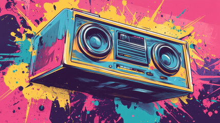 Retro Boombox with Colorful Paint Splatter