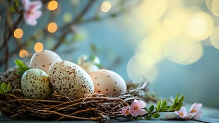 Obraz premium Colorful Easter Eggs Nestled in Natural Decorations with Flowers