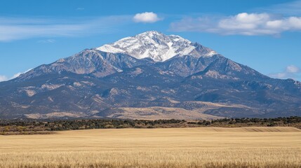 A scenic view of a snow-capped mountain over a golden field under a blue sky.