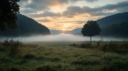 Fototapeta premium A foggy field with a tree in the middle