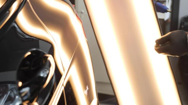 Auto body dent repair: Close-up of gloved hands using a tool to fix a dent on a car panel, showcasing auto repair precision and techniques