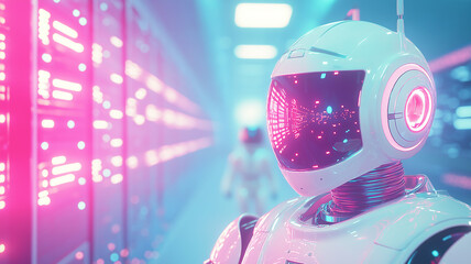 Sleek futuristic robot supervising racks of hardware in a bright minimalist server room