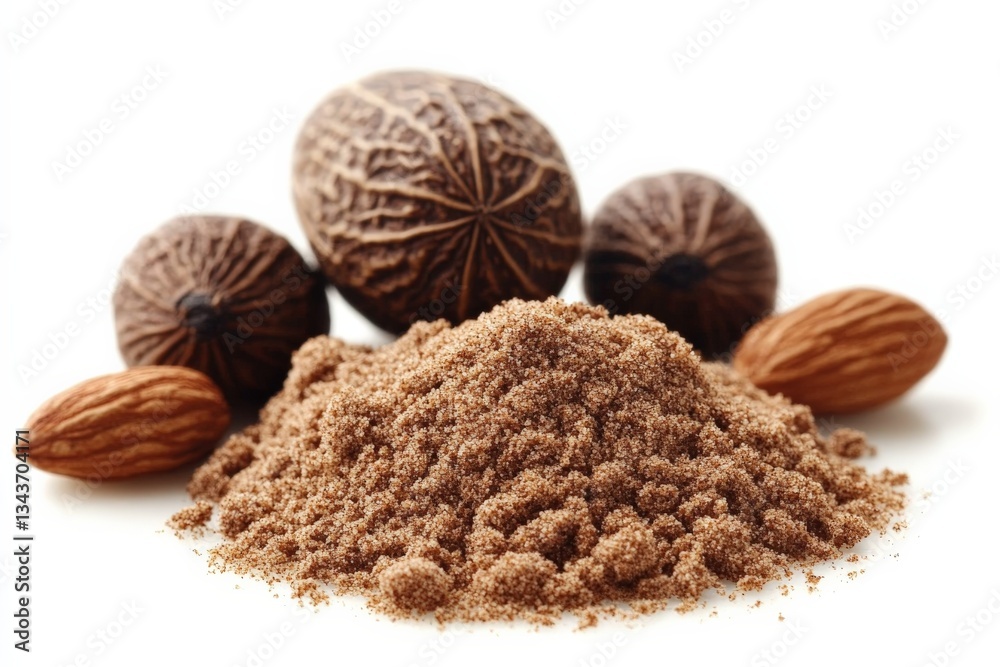 Poster ground nutmeg and whole nuts with almonds on a clean surface ready for culinary use