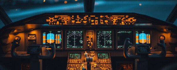 cockpit of aircraft showcases advanced navigation instruments and controls, illuminated by soft orange and blue lights, creating high tech atmosphere. intricate layout emphasizes complexity of