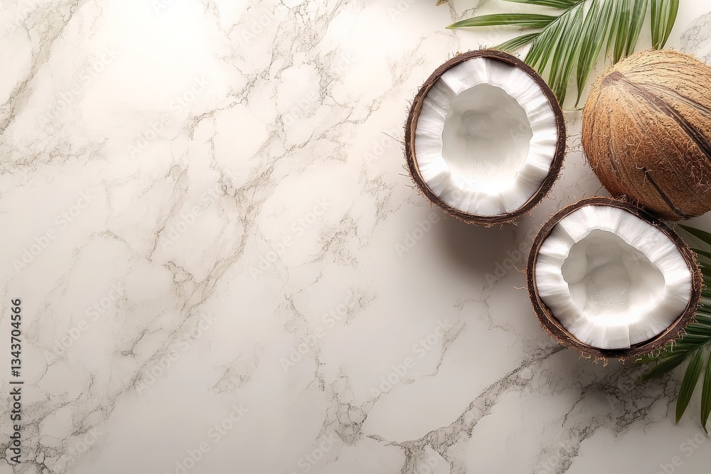 Aufkleber coconuts on marble surface with green palm leaves in daylight showcase the tropical essence of summe