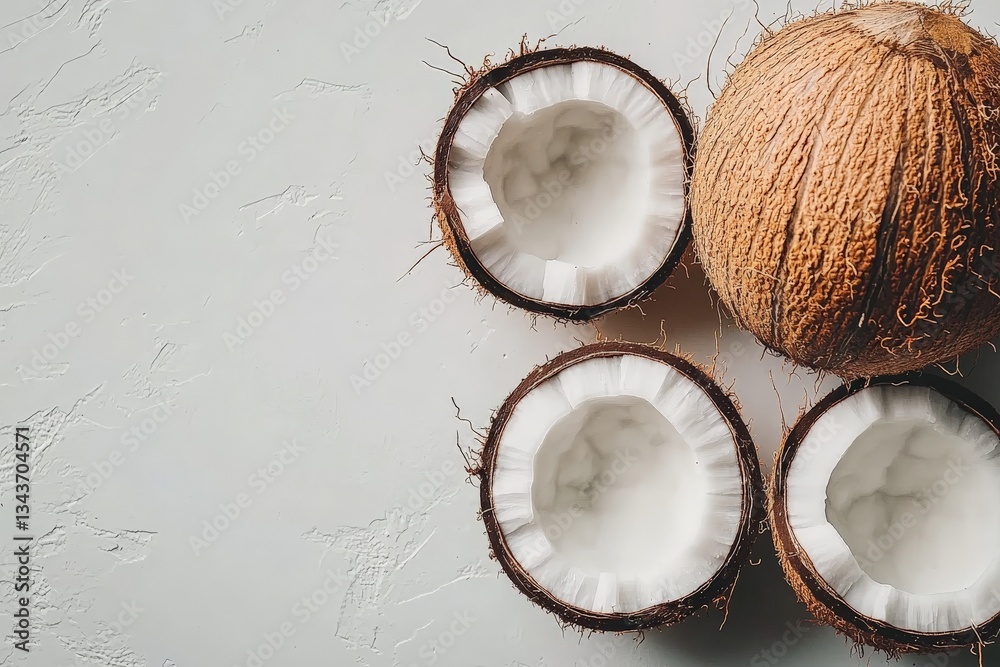 Poster Coconuts open and whole arranged artfully on a light background for culinary use or decoration