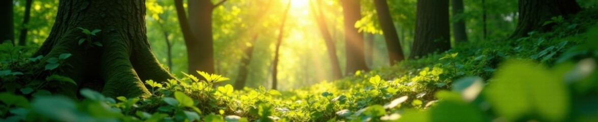 Fototapeta premium Warm sunlight filters through lush green forest foliage, casting dappled rays on forest floor, sunlight, nature