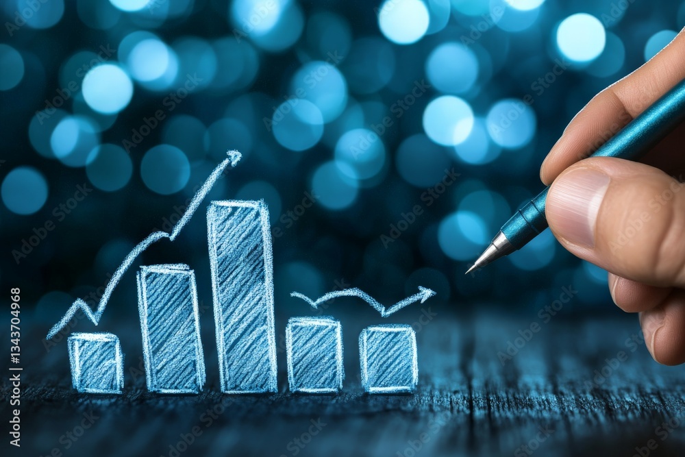 Poster creative hand drawing a progress chart on wooden table against a blurred blue background with bokeh 