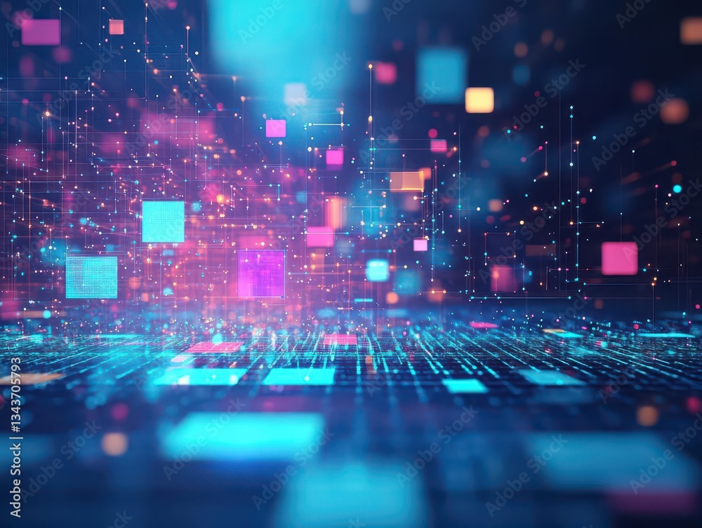 Poster illuminated computer keyboard featuring dynamic glowing squares and geometric patterns creating a mo