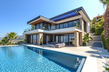 Fototapeta premium a luxurious modern villa with a pool and a stunning panoramic view. The architecture is sleek and elegant, with large windows and a beautiful pool area