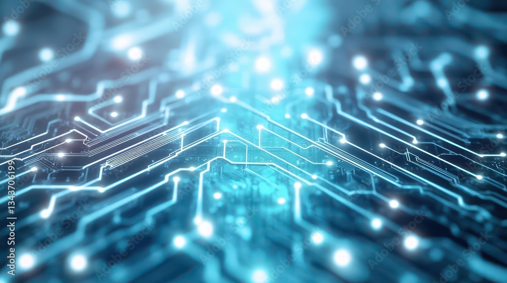 Poster futuristic circuit board design with intricate patterns and lines set against a deep blue background