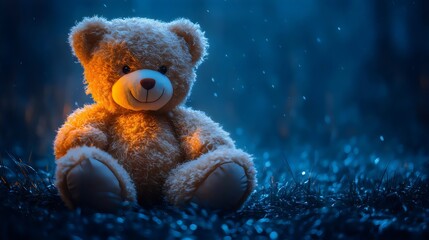 A teddy bear is sitting in the grass on a dark night