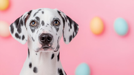 Dalmatian dog sitting against a pastel pink wall with colorful easter eggs in the background