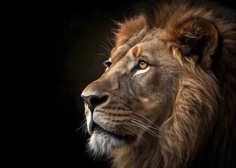 Naklejka premium Lion king isolated on black. Lion great looking at camera. The Lion king. 