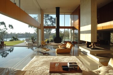 a luxury living room with a modern fireplace, sofa and view of swimming pool and outdoor landscape