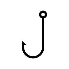 minimalist fishing hook icon. simple black hook line art on white background. symbol for fishing, angling, bait, and outdoor sport equipment