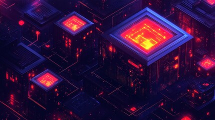 Obraz premium Abstract digital art depicting glowing red and blue circuits, technological theme, isometric perspective, dark background.
