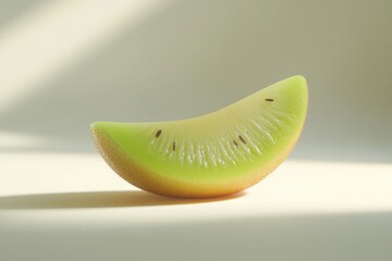 A vibrant green kiwi slice, illuminated by soft sunlight, showcases its juicy texture and tiny seeds.