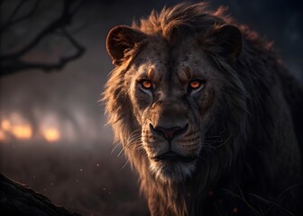 Fototapeta premium Close-up portrait of a lion looking at the camera with interest against a dark and horror background