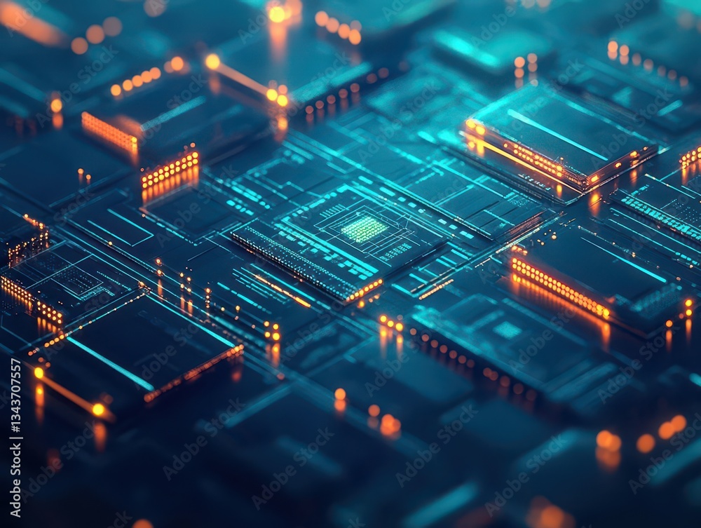 Poster illuminated computer circuit board with radiant lights and intricate patterns conveying a sense of t