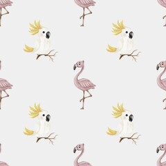 Colorful watercolor parrot and flamingo pattern for textile design and wallpaper